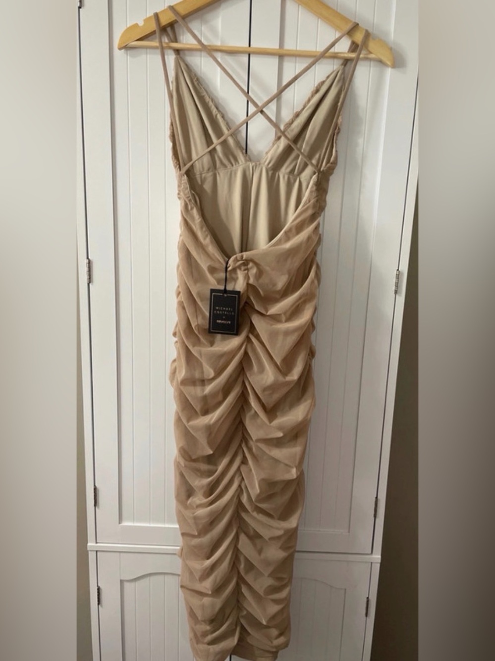 NWT Michael Costello x REVOLVE Ruched Mesh Midi Dress Nude Beige - Picture 3 of 4